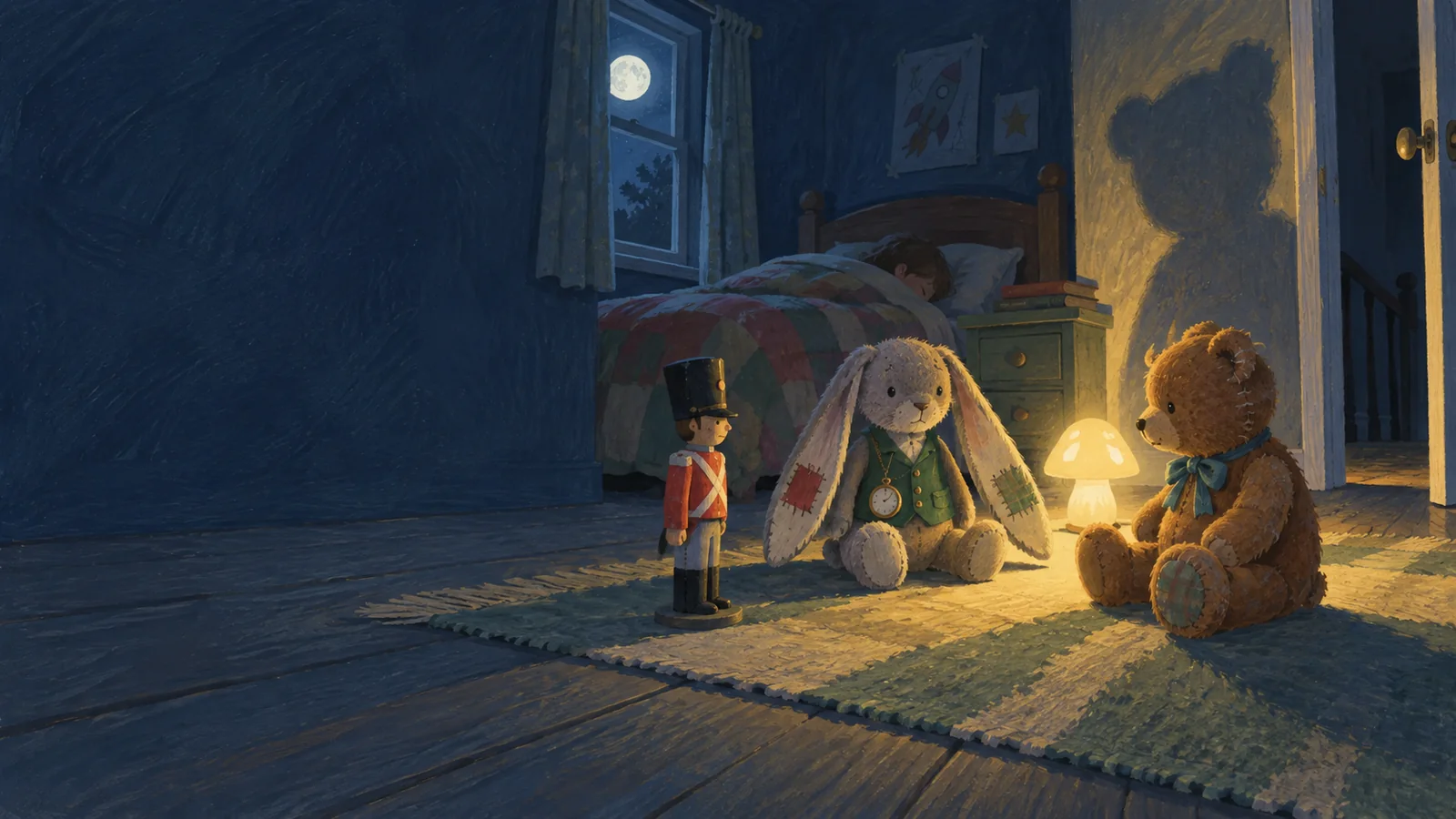 Handmade toys climbing out of a toy chest in a moonlit bedroom