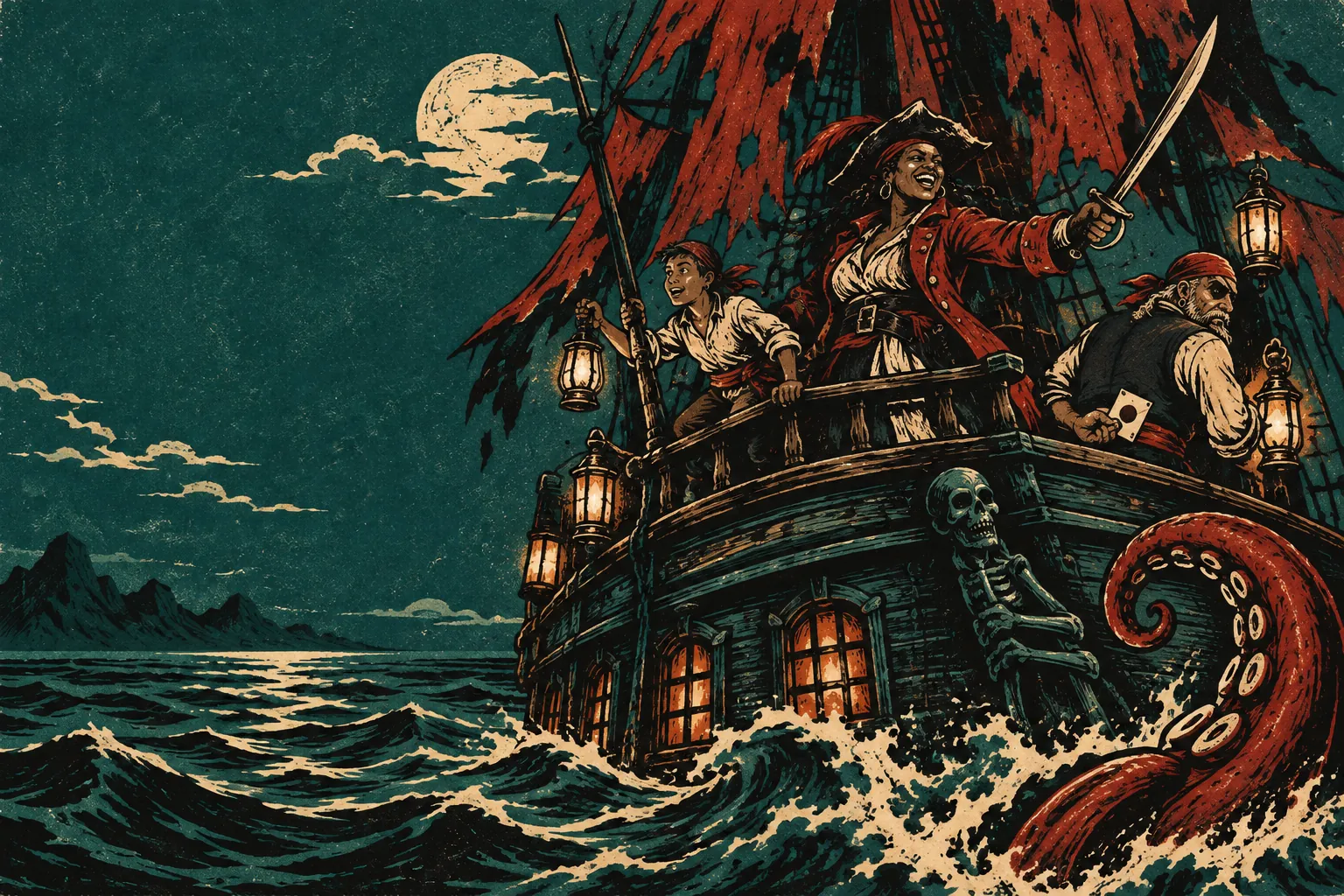 A woodcut ghost ship adrift in the fog with its pirate crew