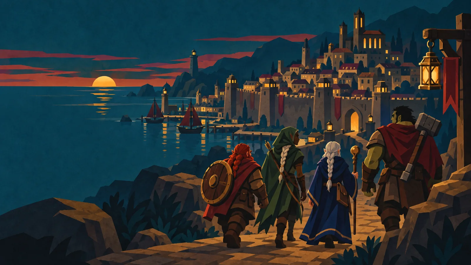 An adventuring party in a lantern-lit fantasy port city