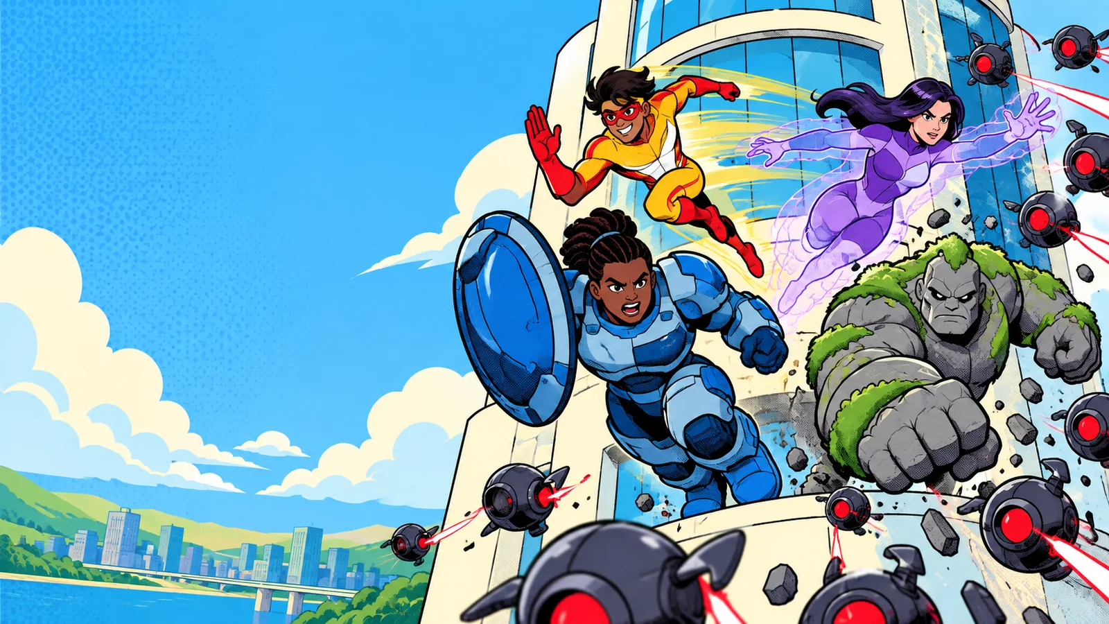 Comic-book heroes leaping from their tower as drones attack