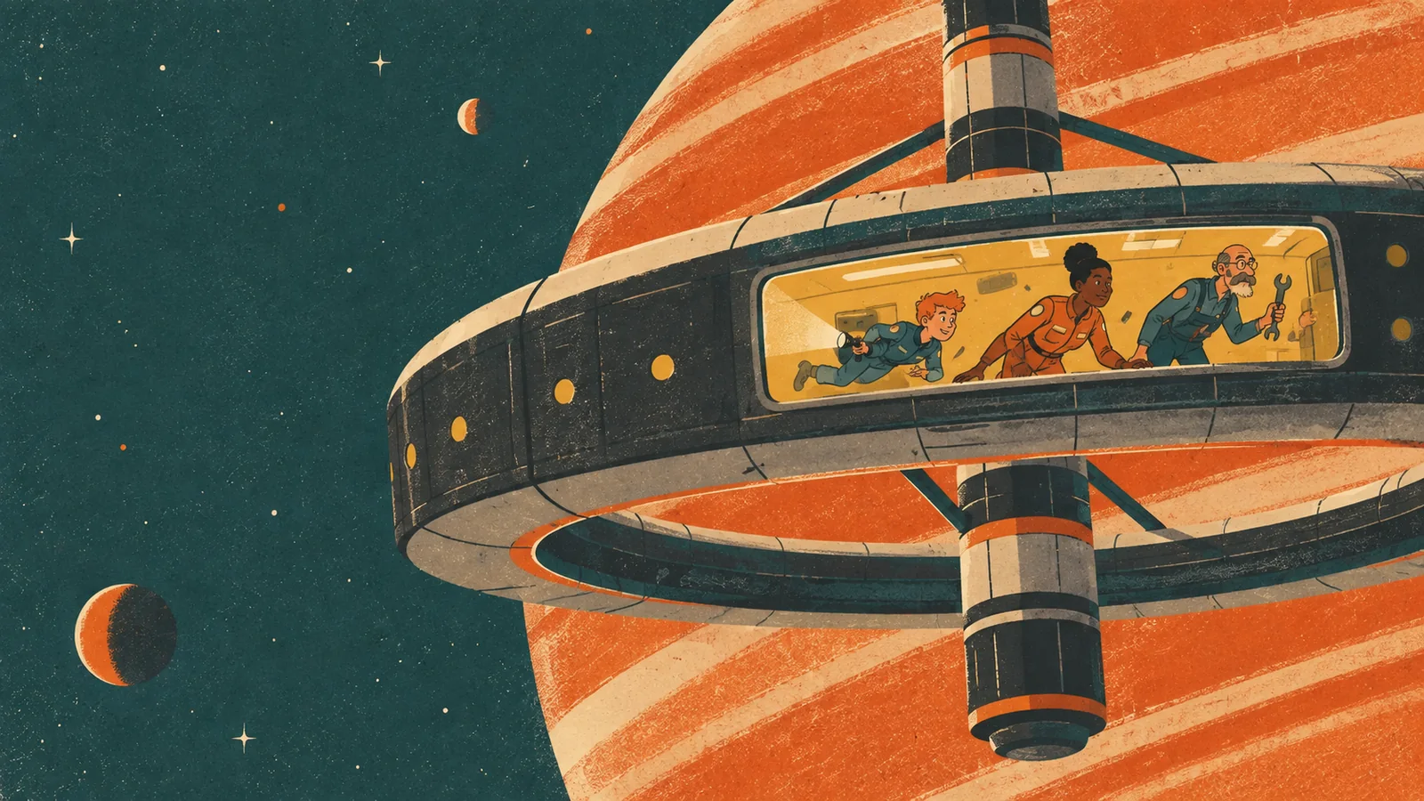 Retro science-fiction crew aboard a space station