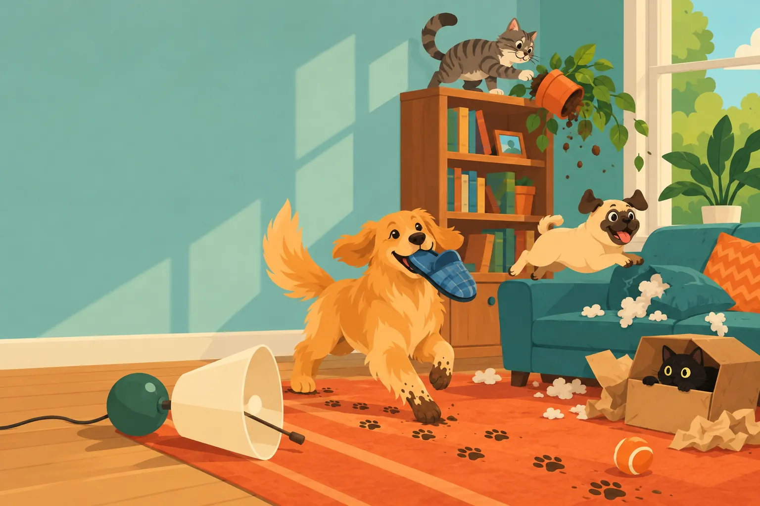 Cats and dogs running riot in a sunny living room