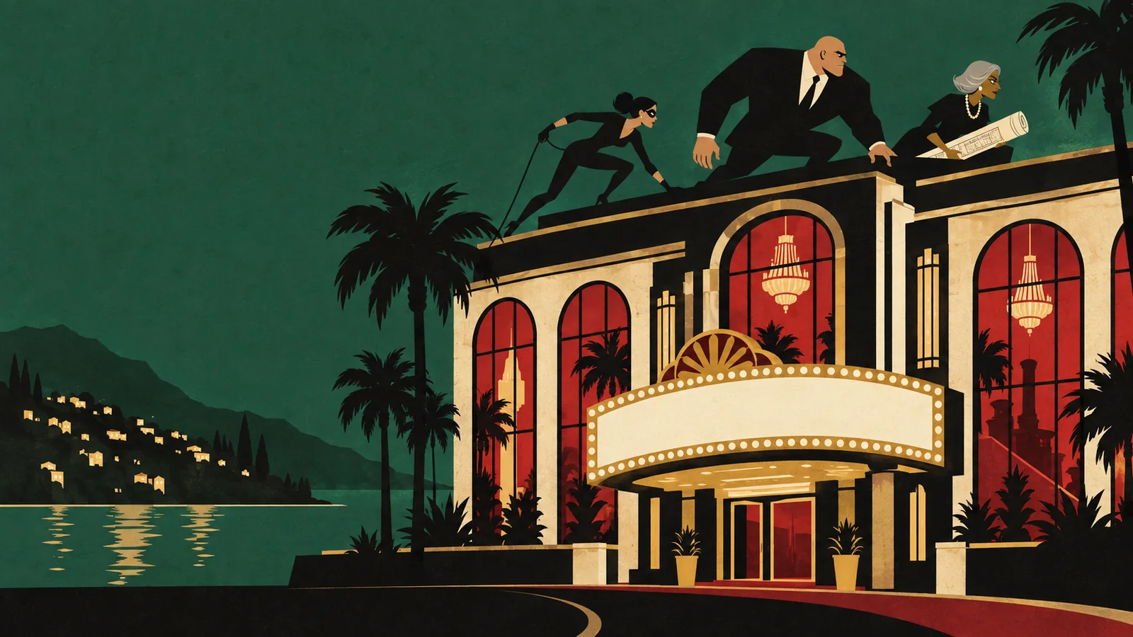 A 1960s cut-paper crew of crooks inside a grand casino
